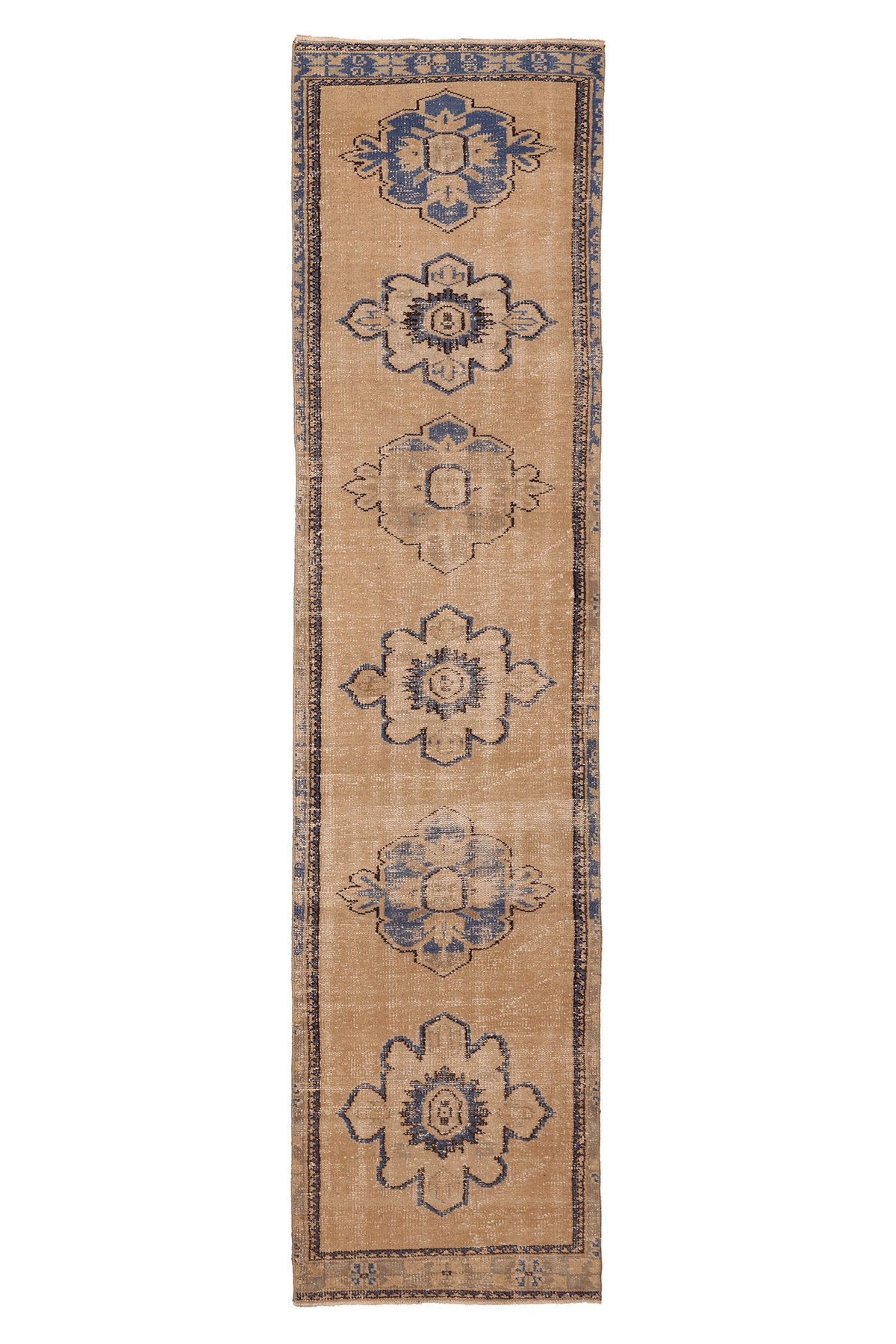 Vintage Manisa Turkish Runner Rug 2x10 ft — Beige & Blue Floral