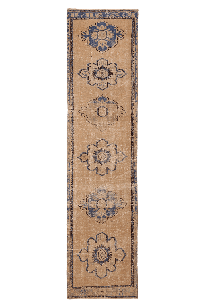 Vintage Manisa Turkish Runner Rug 2x10 ft — Beige & Blue Floral
