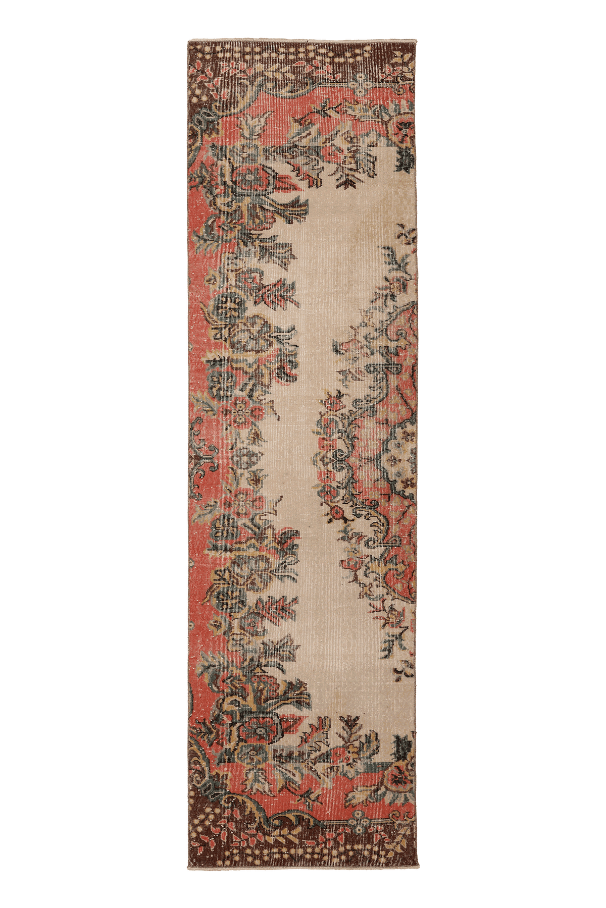 Vintage Isparta Turkish Runner Rug 3x10 ft — Beige & Red Floral