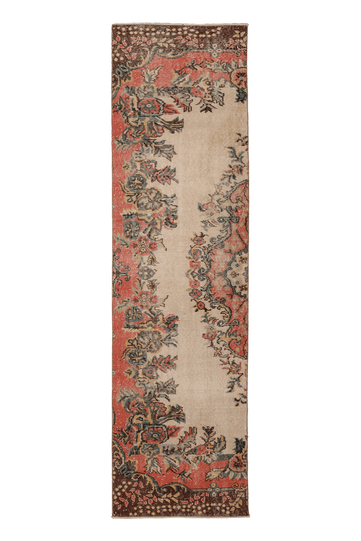 Vintage Isparta Turkish Runner Rug 3x10 ft — Beige & Red Floral