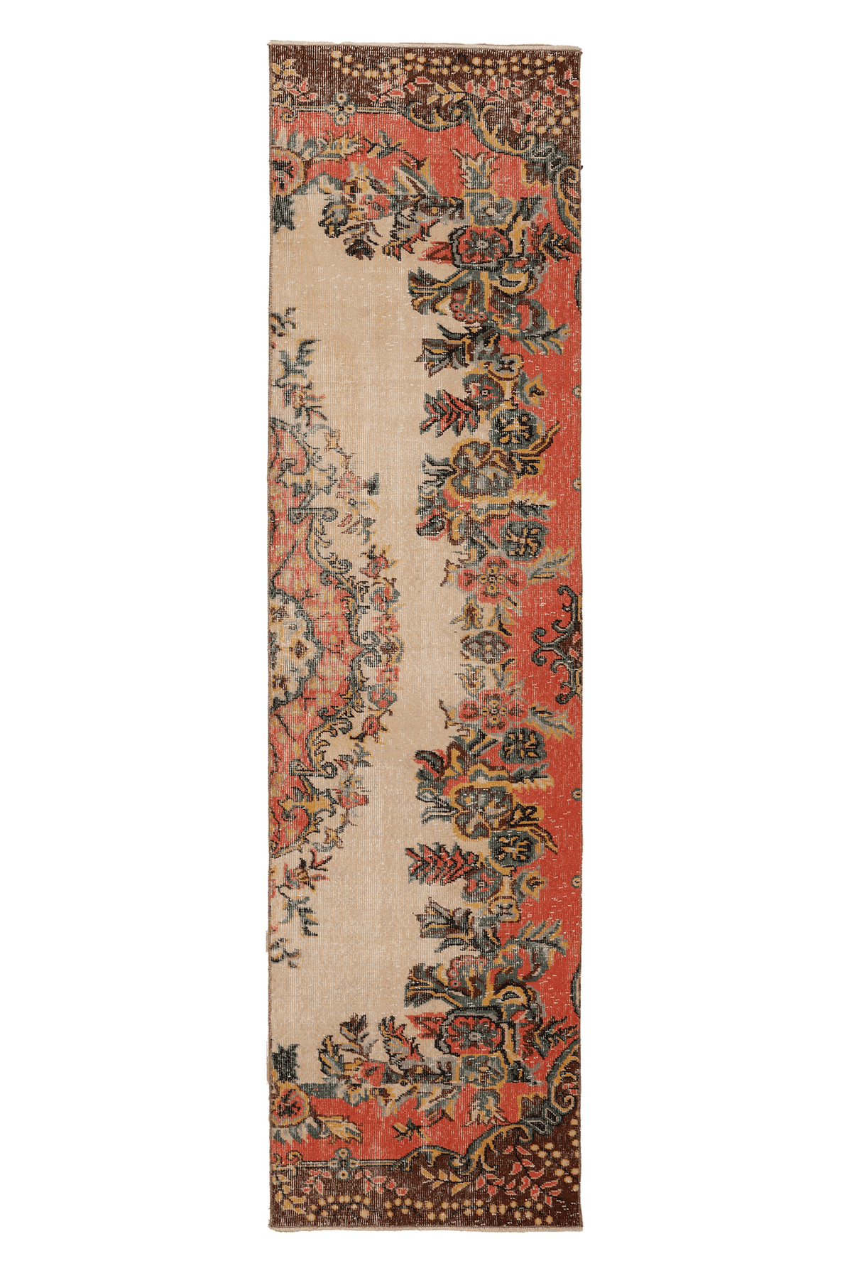 Vintage Isparta Turkish Runner Rug 3x10 ft — Beige & Red Floral
