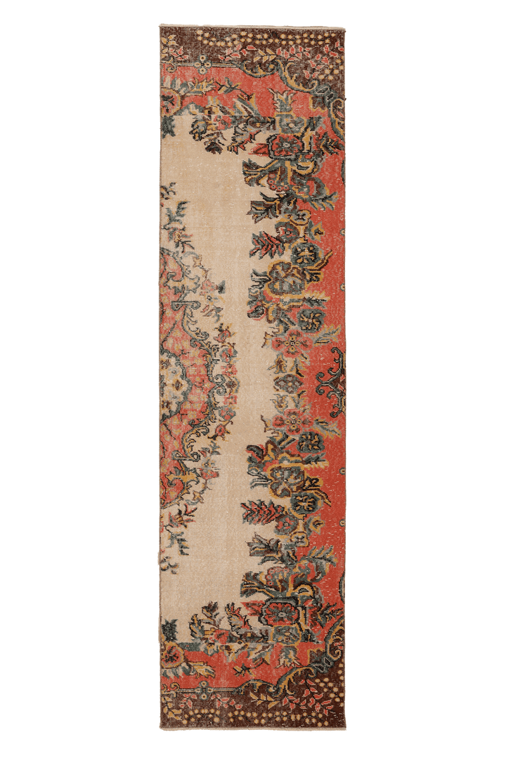 Vintage Isparta Turkish Runner Rug 3x10 ft — Beige & Red Floral