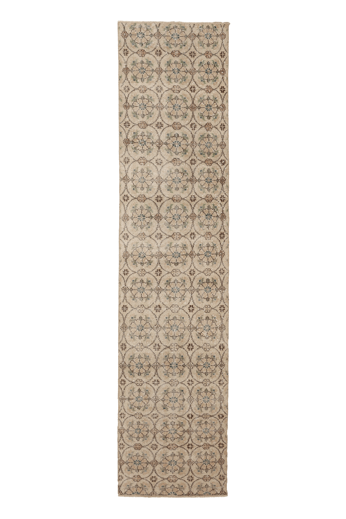 Vintage Isparta Turkish Runner Rug 2x11 ft — Beige & Brown Floral