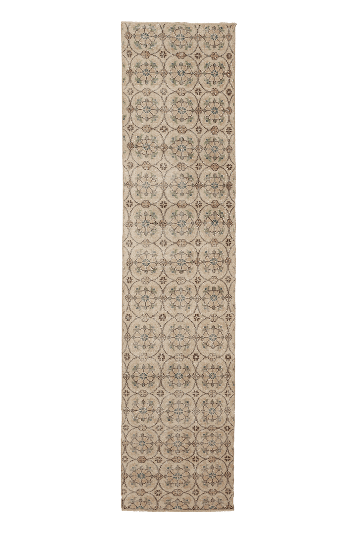 Vintage Isparta Turkish Runner Rug 2x11 ft — Beige & Brown Floral