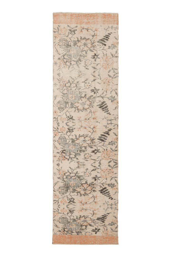 Vintage Manisa Turkish Runner Rug 3x9 ft — Beige & Orange Floral