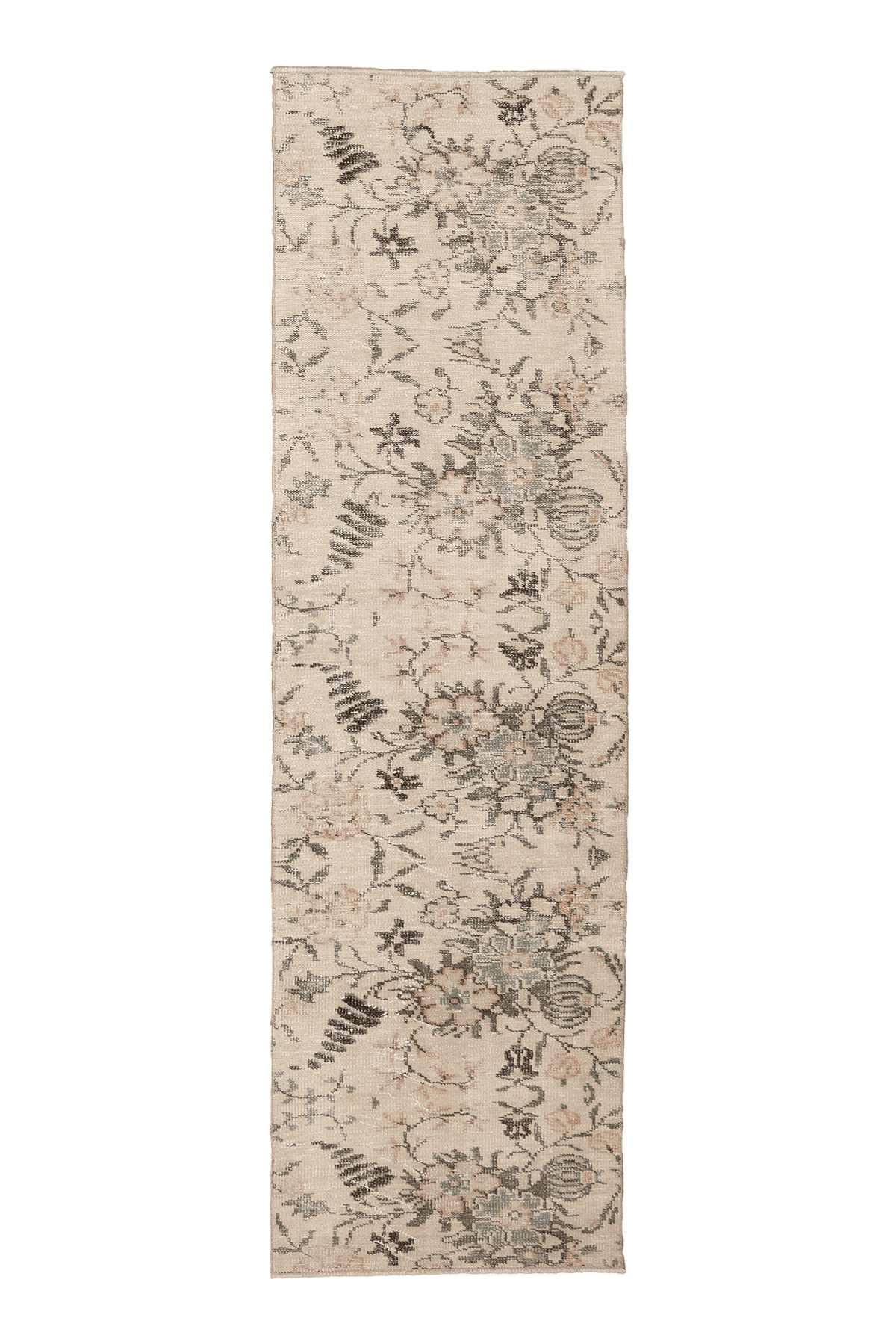 Vintage Manisa Turkish Runner Rug 2x8 ft — Beige & Gray Floral