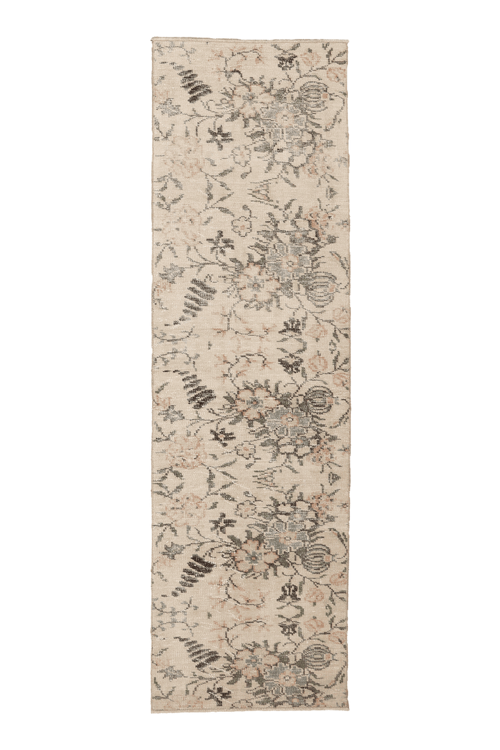 Vintage Manisa Turkish Runner Rug 2x8 ft — Beige & Gray Floral