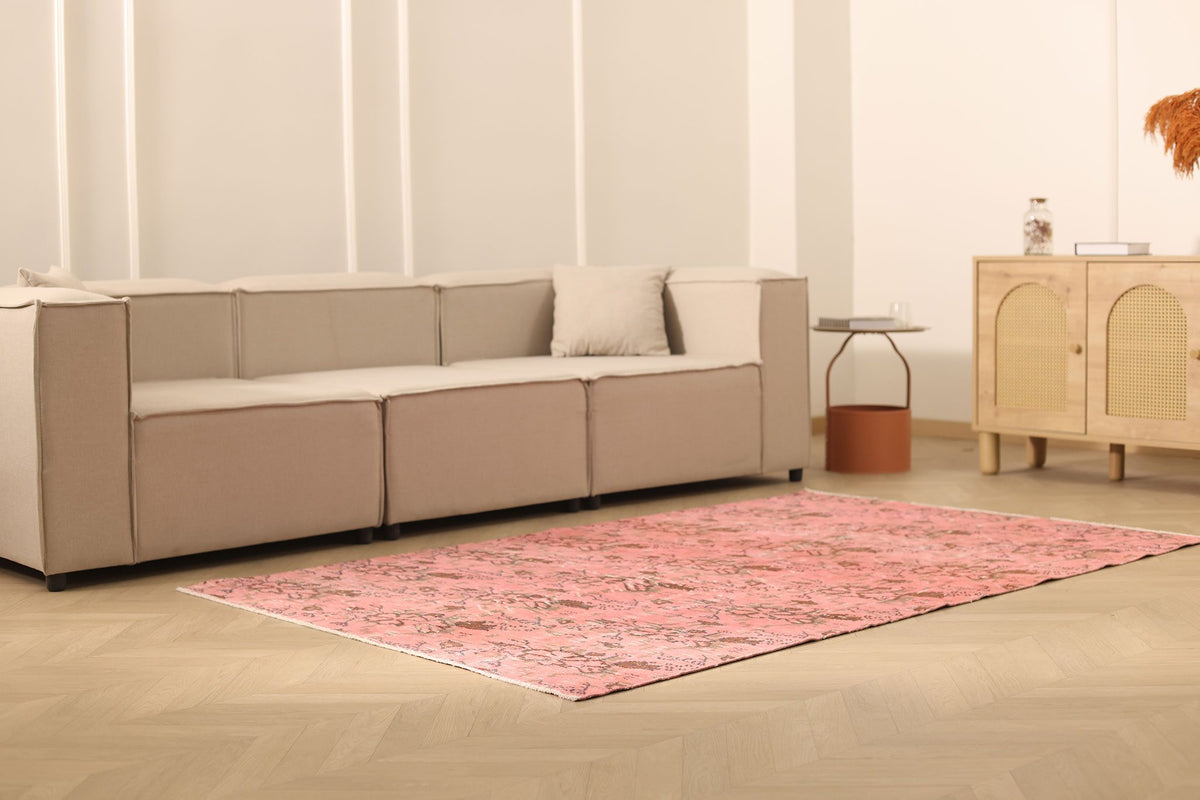 Vintage Isparta Turkish Area Rug 5x7 ft — Pink & Brown Floral