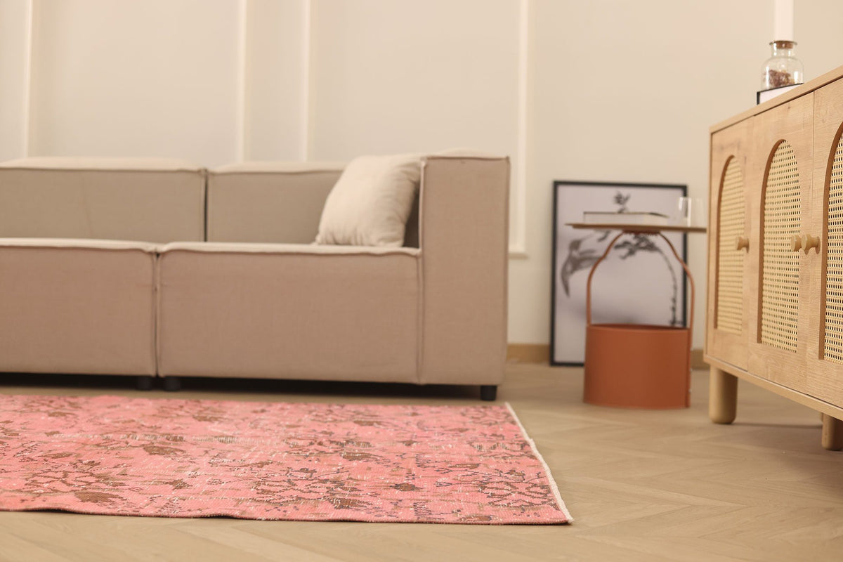 Vintage Isparta Turkish Area Rug 5x7 ft — Pink & Brown Floral