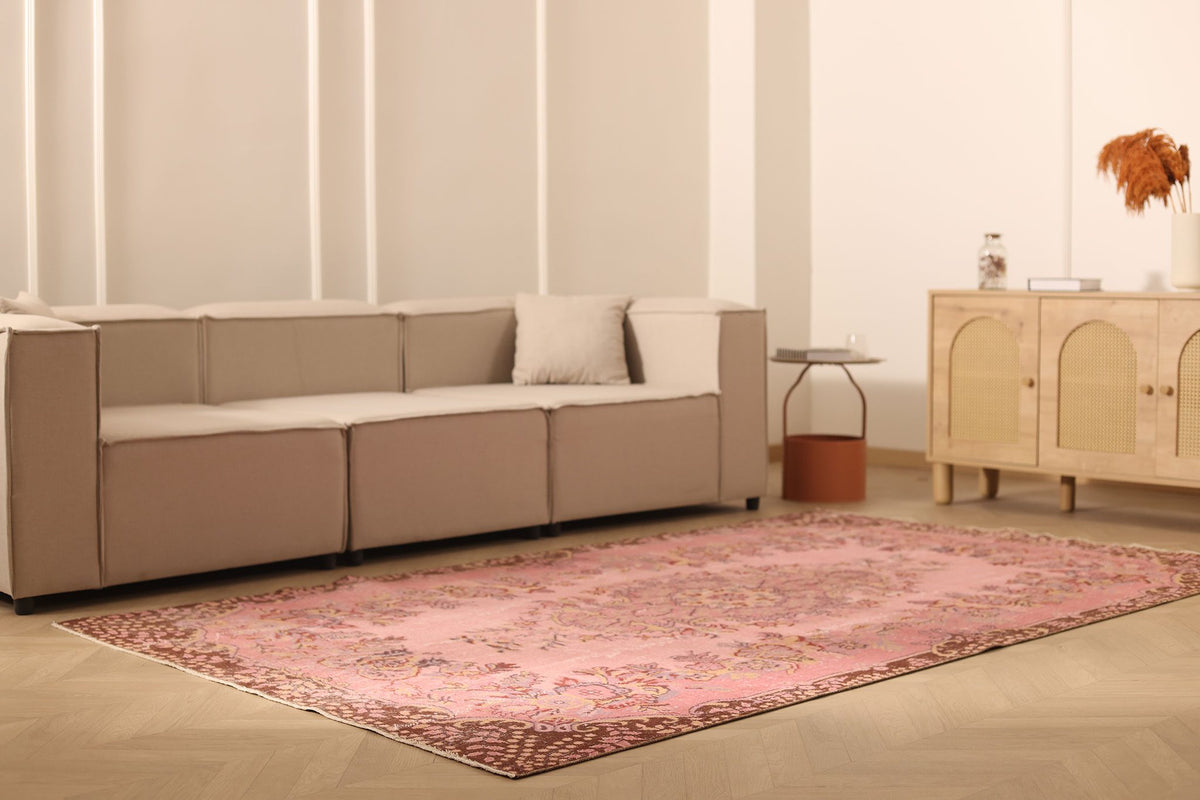 Vintage Isparta Turkish Area Rug 6x9 ft — Pink & Brown Floral