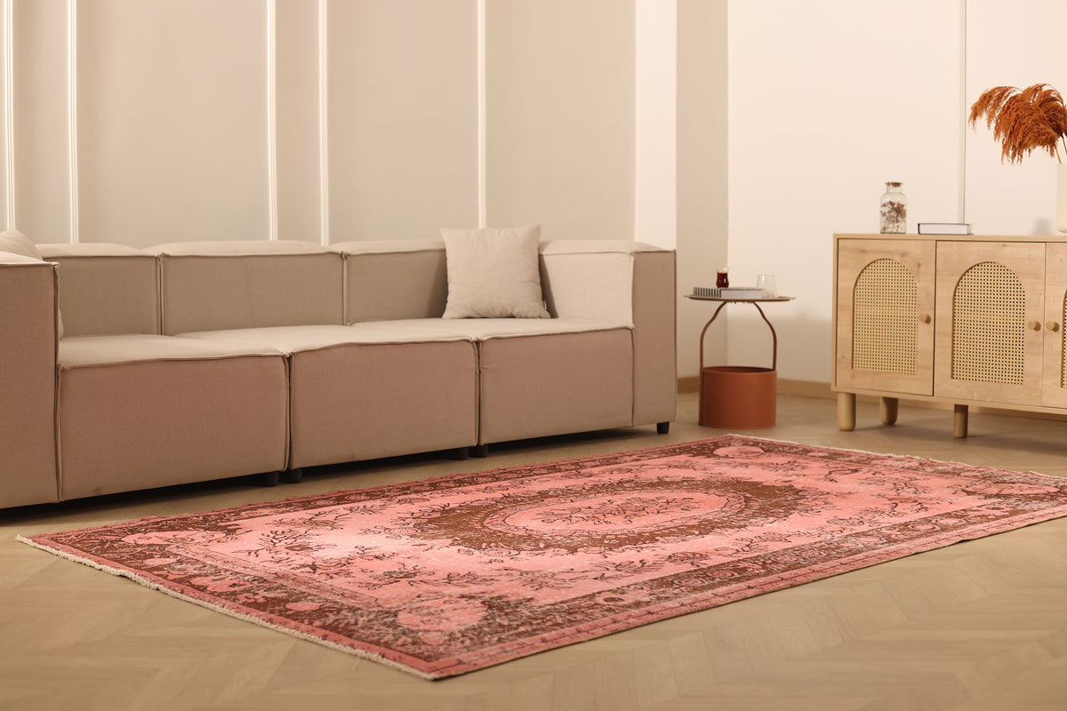 Vintage Isparta Turkish Area Rug 6x9 ft — Pink & Brown Floral