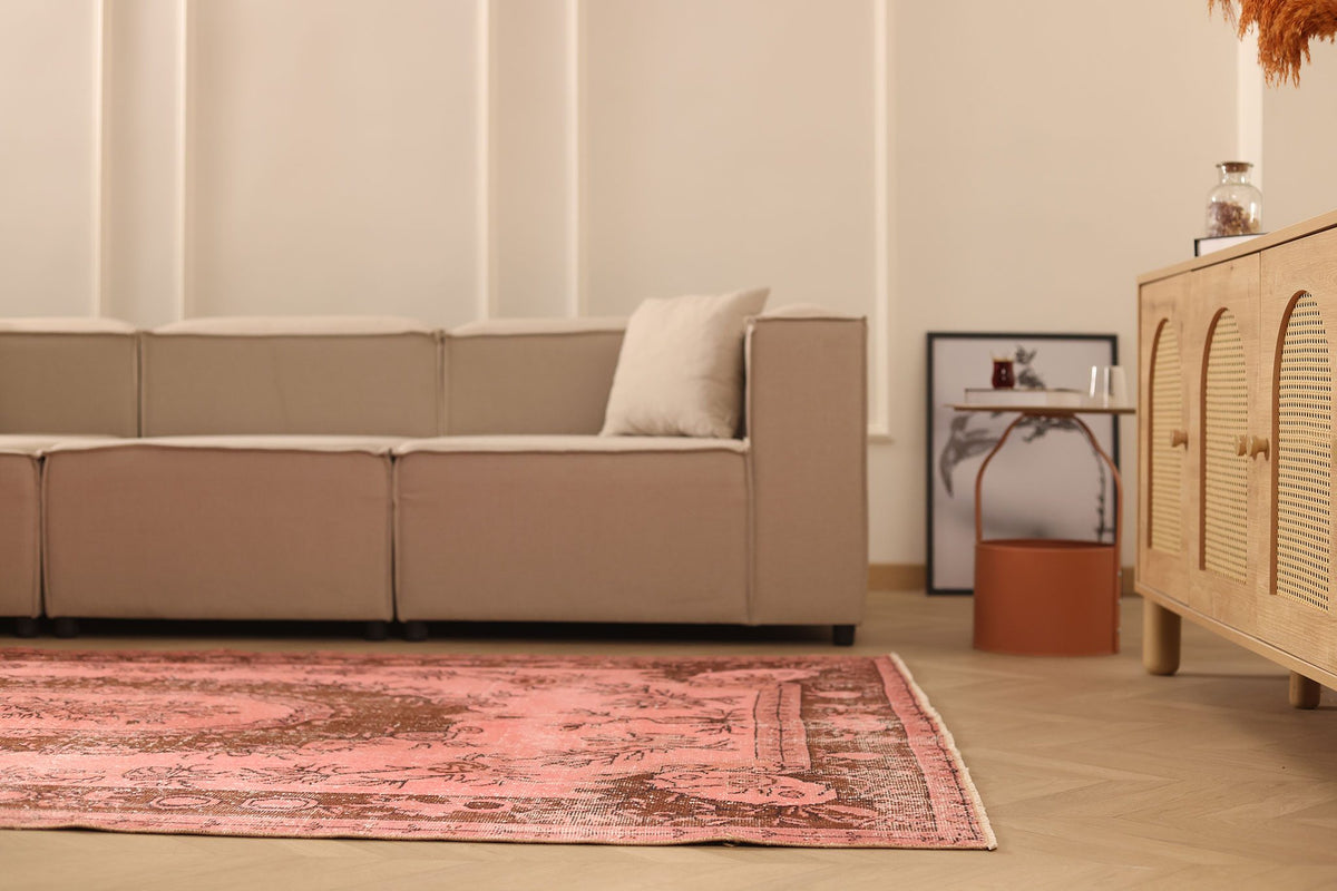 Vintage Isparta Turkish Area Rug 6x9 ft — Pink & Brown Floral