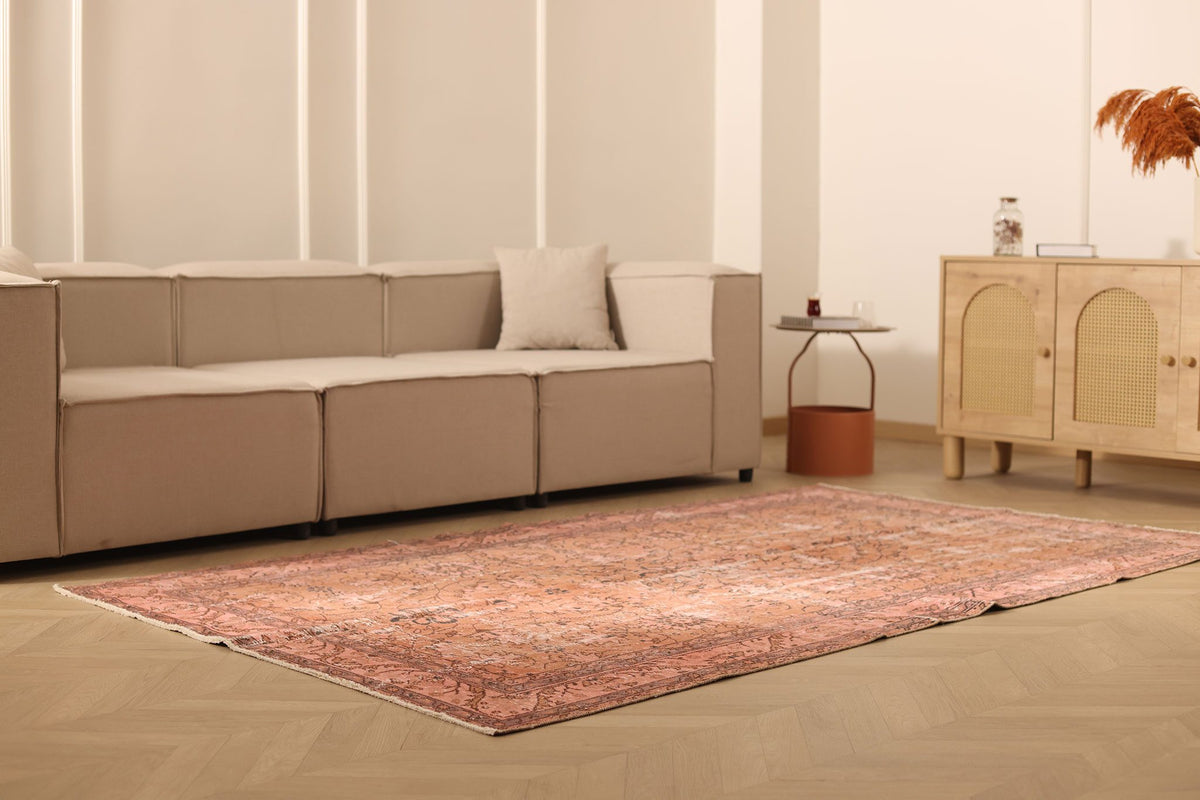 Vintage Isparta Turkish Area Rug 5x9 ft — Brown & Pink Floral