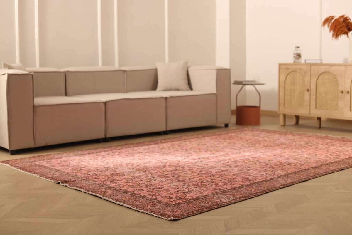 Vintage Isparta Turkish Area Rug 7x10 ft — Pink & Brown Floral