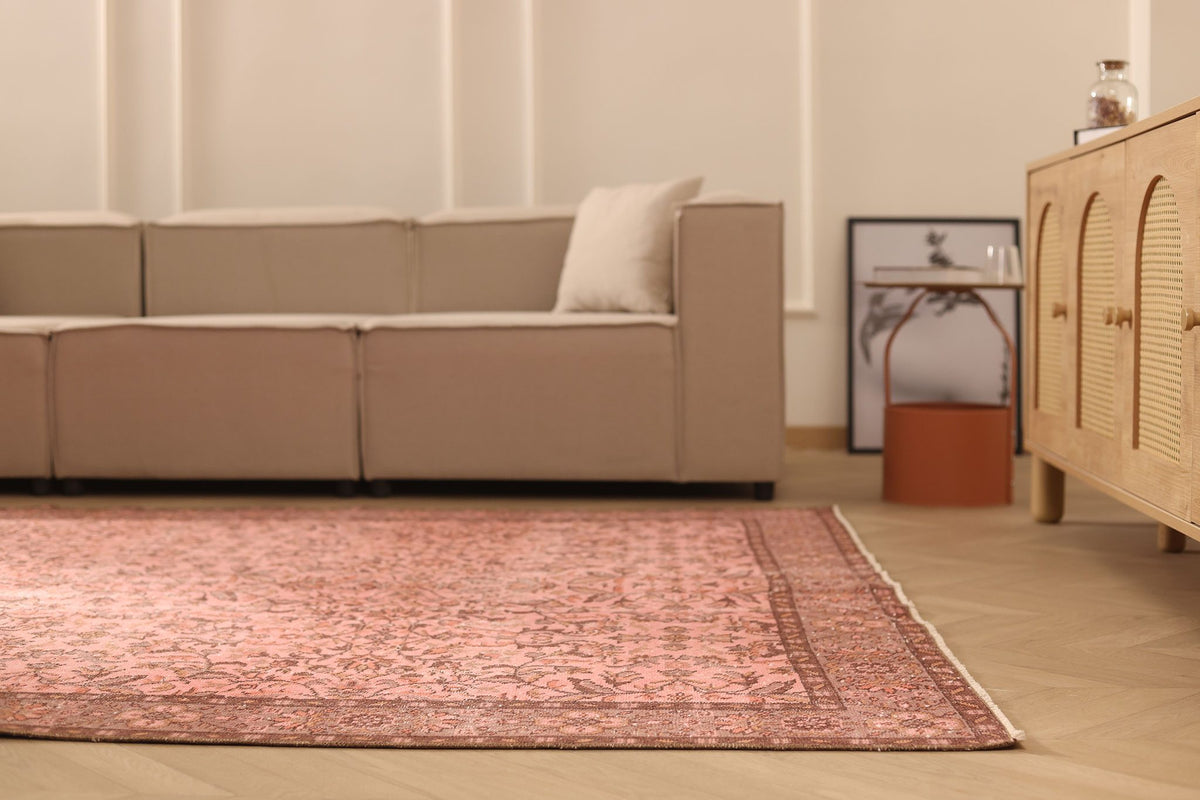 Vintage Isparta Turkish Area Rug 7x10 ft — Pink & Brown Floral