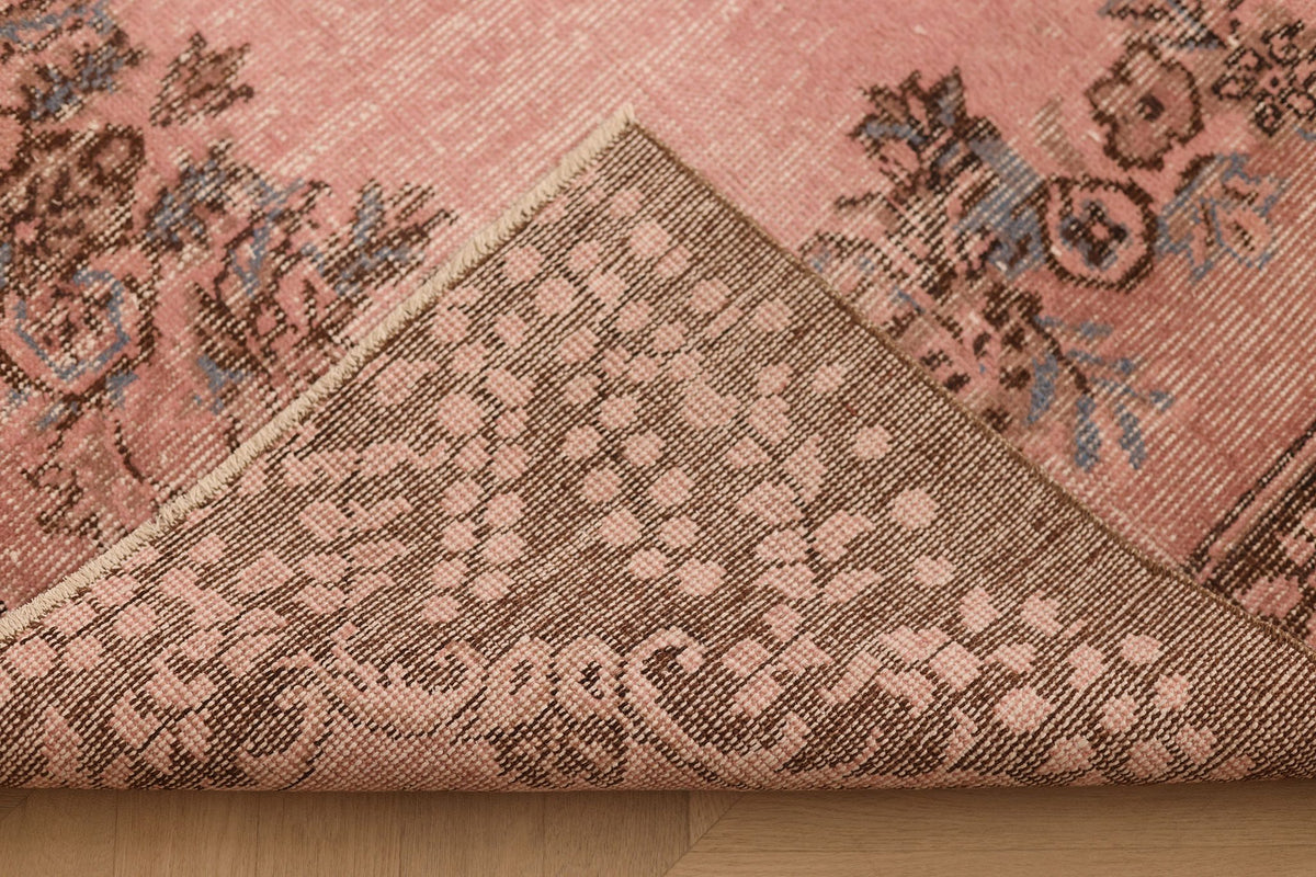 Vintage Isparta Turkish Area Rug 4x8 ft — Pink & Brown Floral