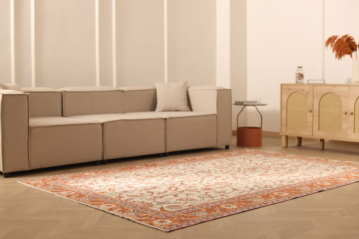 Vintage Isparta Turkish Area Rug 6x9 ft — Beige & Orange Floral