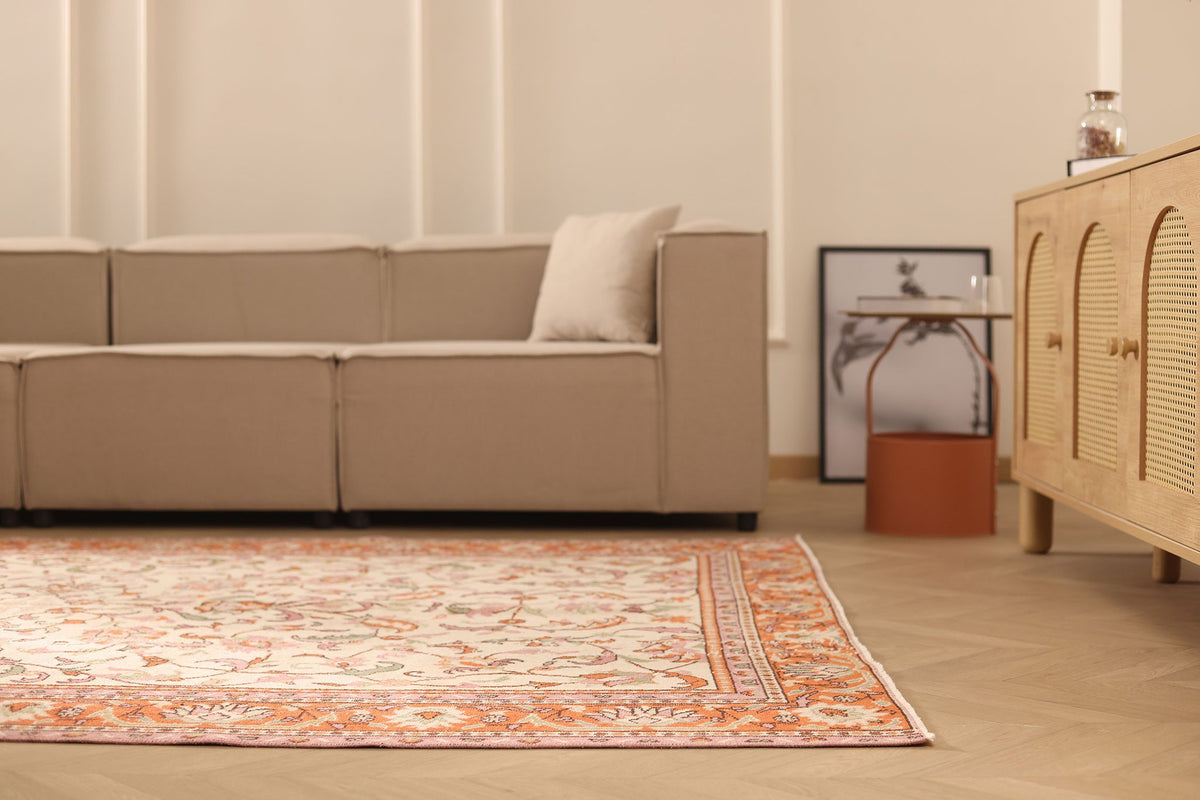 Vintage Isparta Turkish Area Rug 6x9 ft — Beige & Orange Floral
