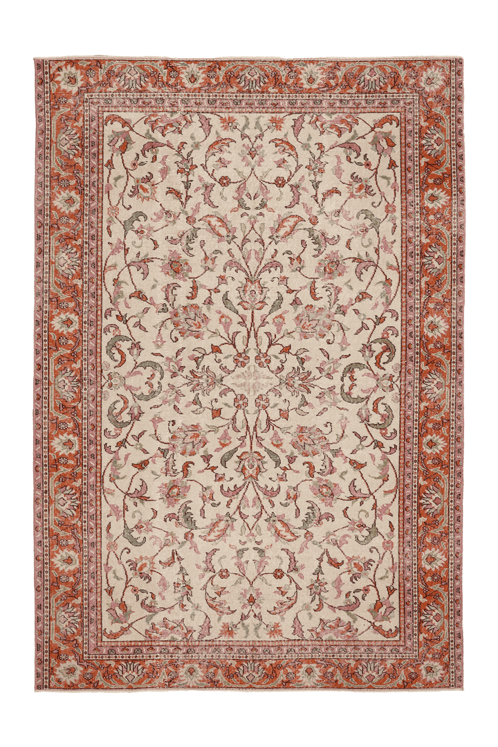 Vintage Isparta Turkish Area Rug 6x9 ft — Beige & Orange Floral