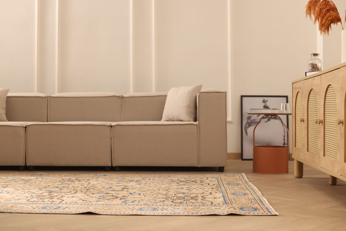 Vintage Isparta Turkish Area Rug 6x9 ft — Beige & Brown Floral