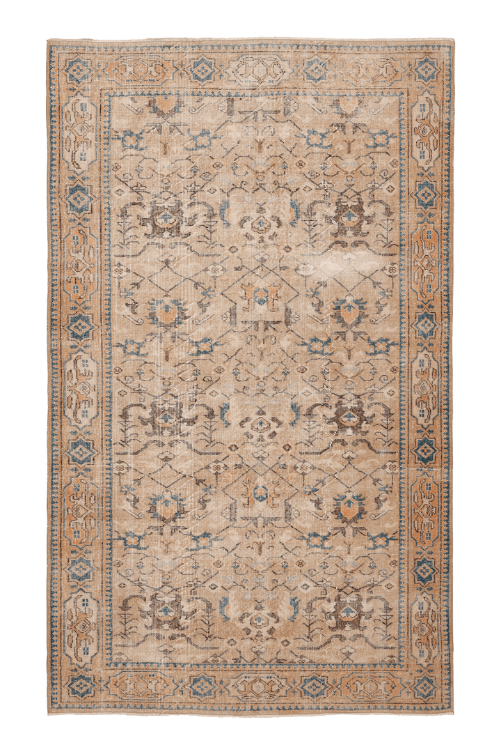 Vintage Isparta Turkish Area Rug 6x9 ft — Beige & Brown Floral