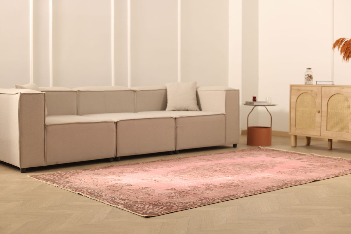 Vintage Isparta Turkish Area Rug 5x10 ft — Pink & Brown Floral