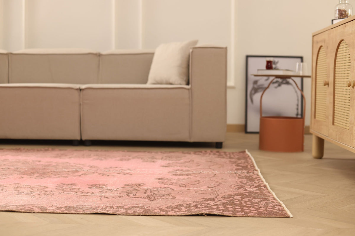 Vintage Isparta Turkish Area Rug 5x10 ft — Pink & Brown Floral