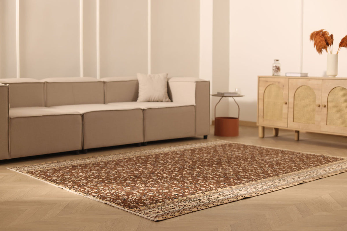 Vintage Isparta Turkish Area Rug 6x9 ft — Brown & Beige Floral