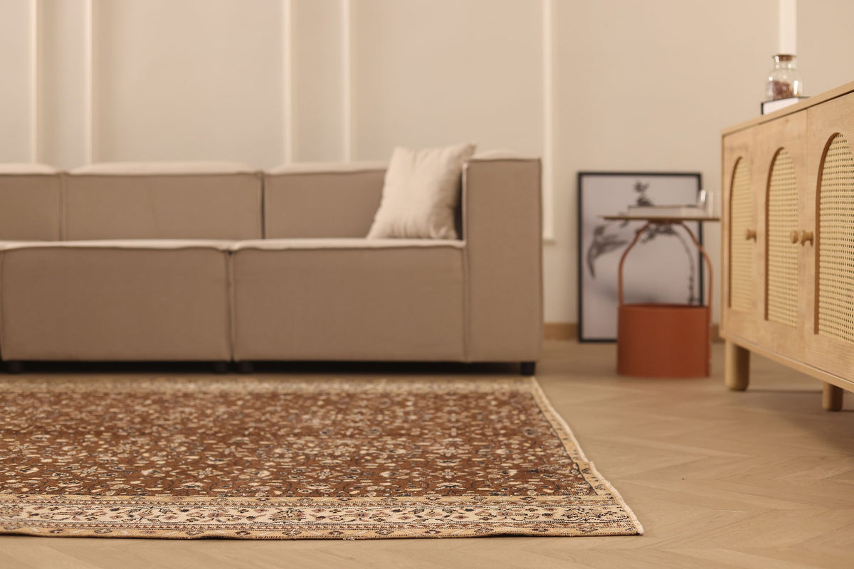 Vintage Isparta Turkish Area Rug 6x9 ft — Brown & Beige Floral