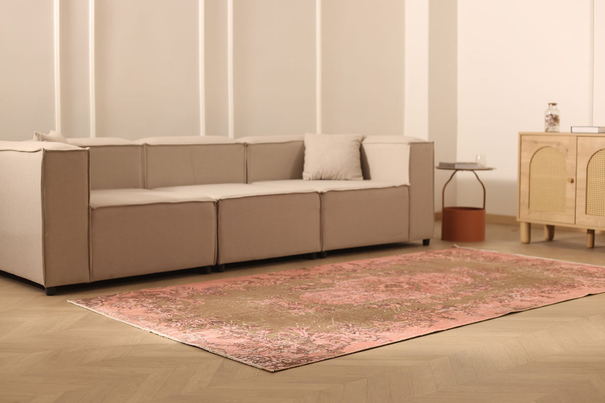 Vintage Isparta Turkish Area Rug 5x9 ft — Pink & Brown Floral