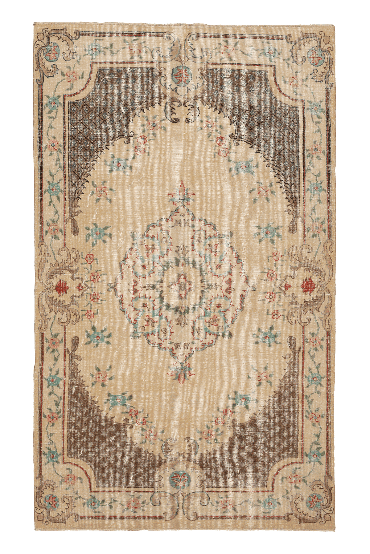 Vintage Isparta Turkish Area Rug 5x9 ft — Beige & Brown Floral