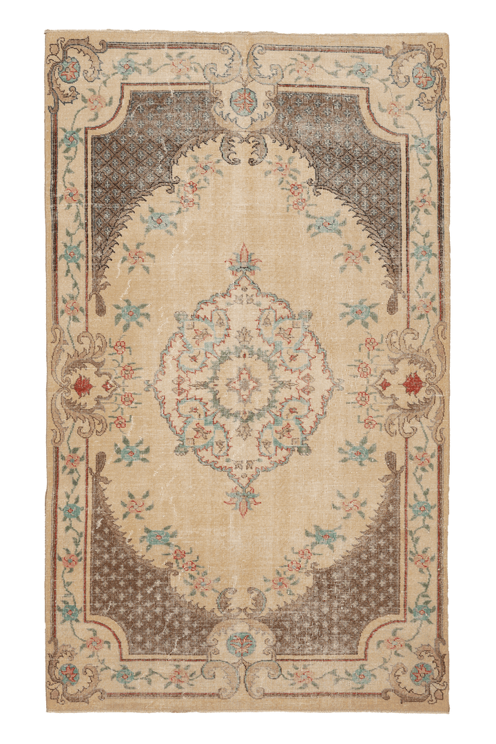 Vintage Isparta Turkish Area Rug 5x9 ft — Beige & Brown Floral