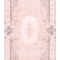Hand-woven 3x6 ft vintage pink overdyed Turkish Isparta rug with intricate floral patterns and a wool-cotton blend.