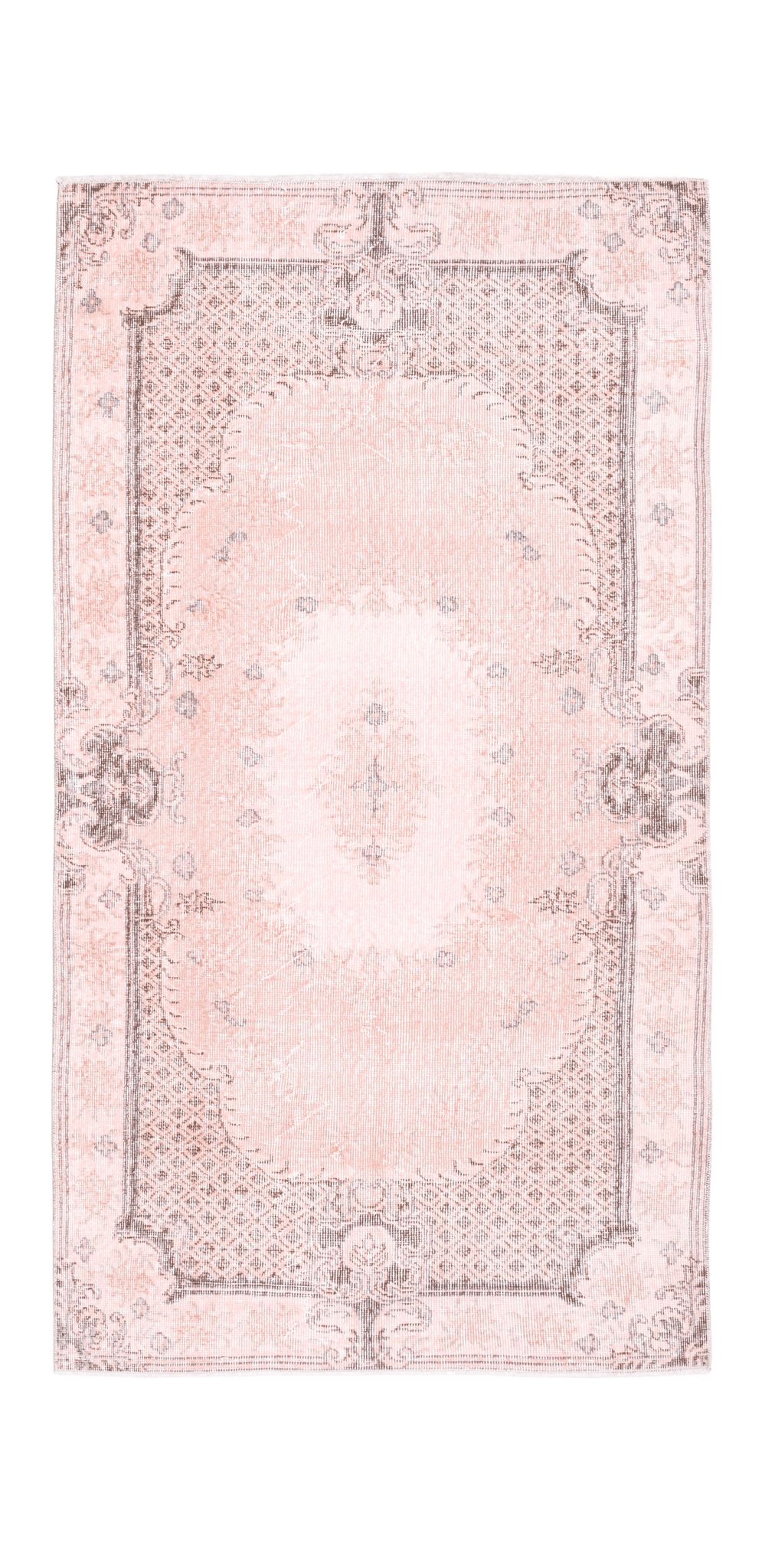 Hand-woven 3x6 ft vintage pink overdyed Turkish Isparta rug with intricate floral patterns and a wool-cotton blend.