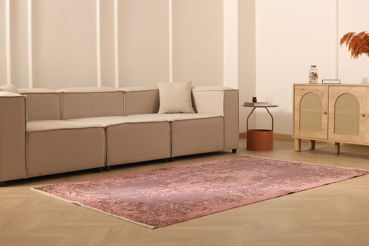 Vintage Isparta Turkish Area Rug 5x8 ft — Pink & Brown Floral