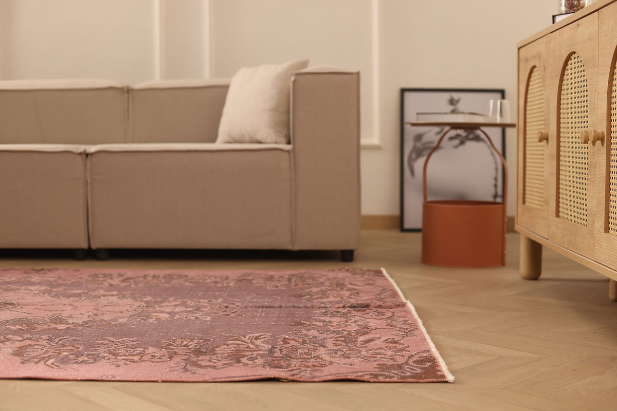 Vintage Isparta Turkish Area Rug 5x8 ft — Pink & Brown Floral
