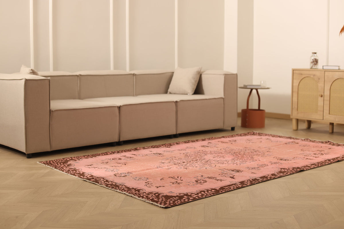 Vintage Isparta Turkish Area Rug 5x9 ft — Pink & Brown Floral (No. 53136)