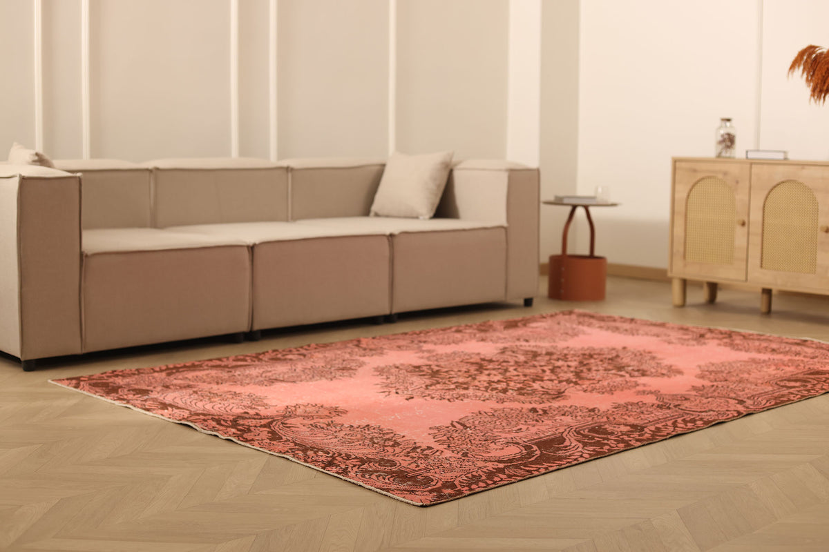 Vintage Isparta Turkish Area Rug 6x9 ft — Pink & Brown Floral