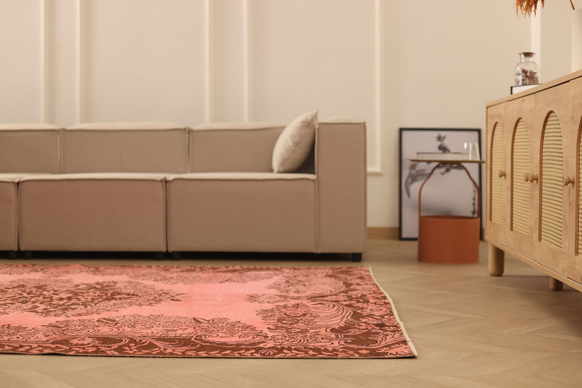 Vintage Isparta Turkish Area Rug 6x9 ft — Pink & Brown Floral