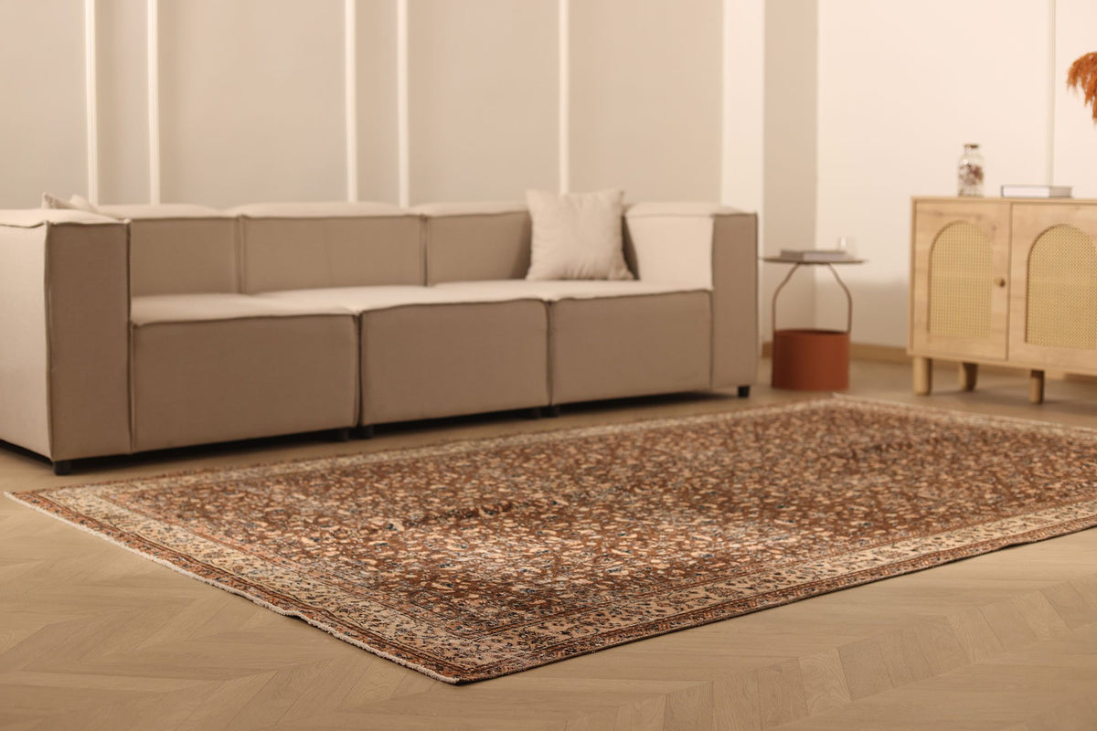 Vintage Isparta Turkish Area Rug 7x10 ft — Brown & Beige Floral