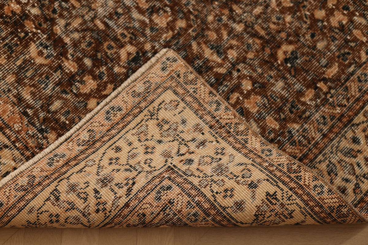 Vintage Isparta Turkish Area Rug 7x10 ft — Brown & Beige Floral