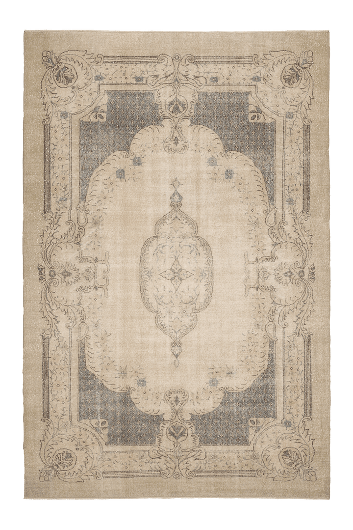 Vintage Isparta Turkish Area Rug 7x10 ft — Beige & Gray Floral
