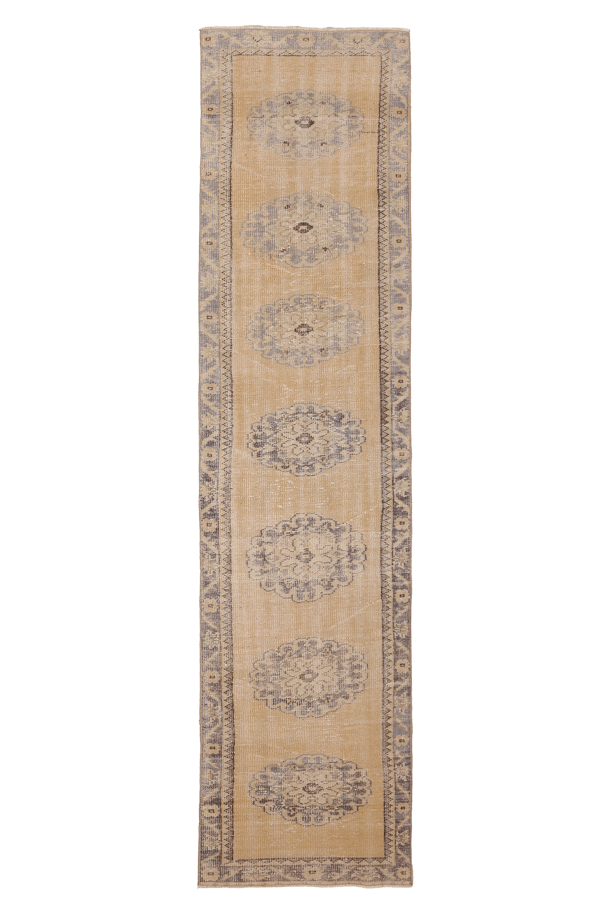 Vintage Manisa Turkish Runner Rug 2x10 ft — Beige & Blue Floral