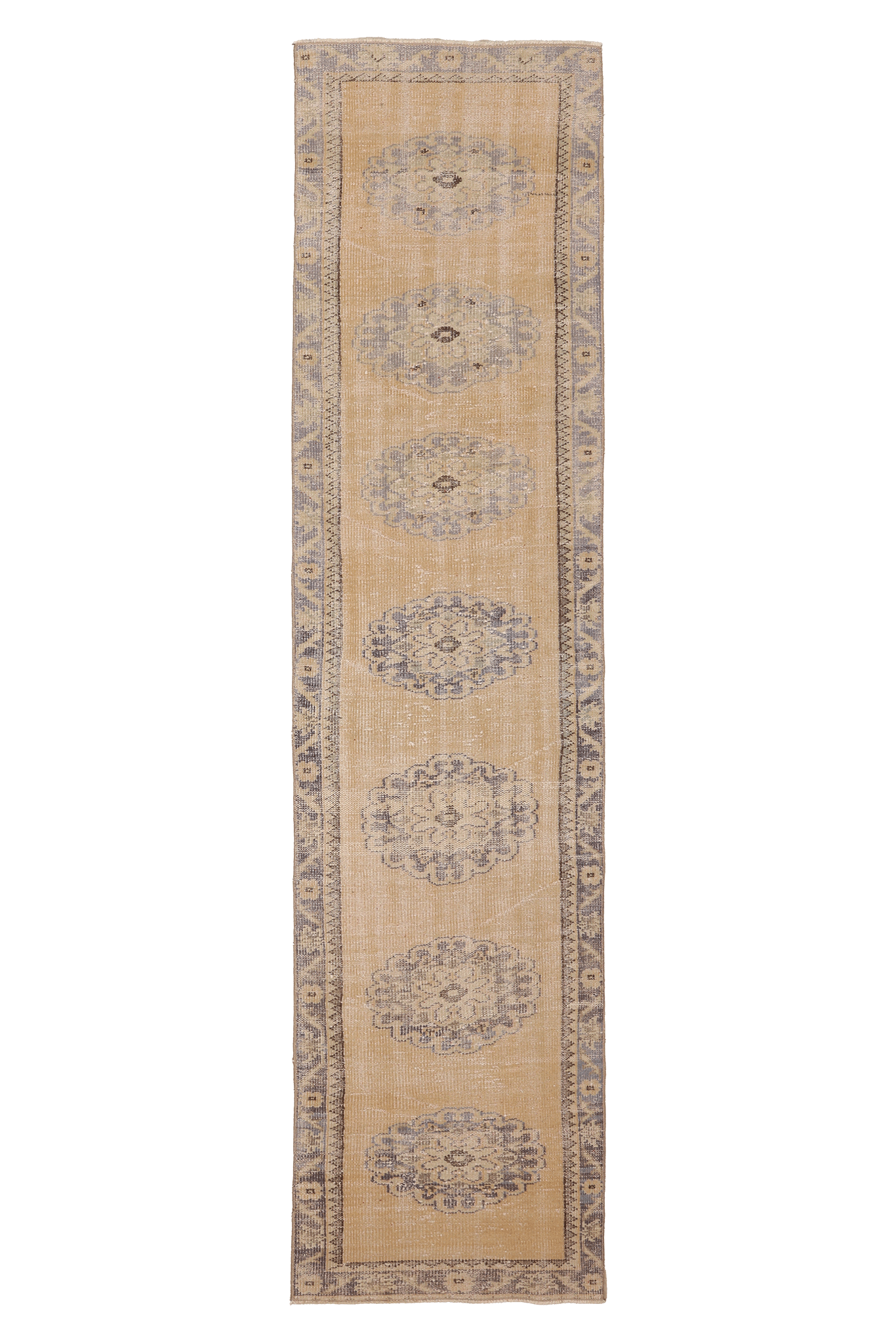Vintage Manisa Turkish Runner Rug 2x10 ft — Beige & Blue Floral