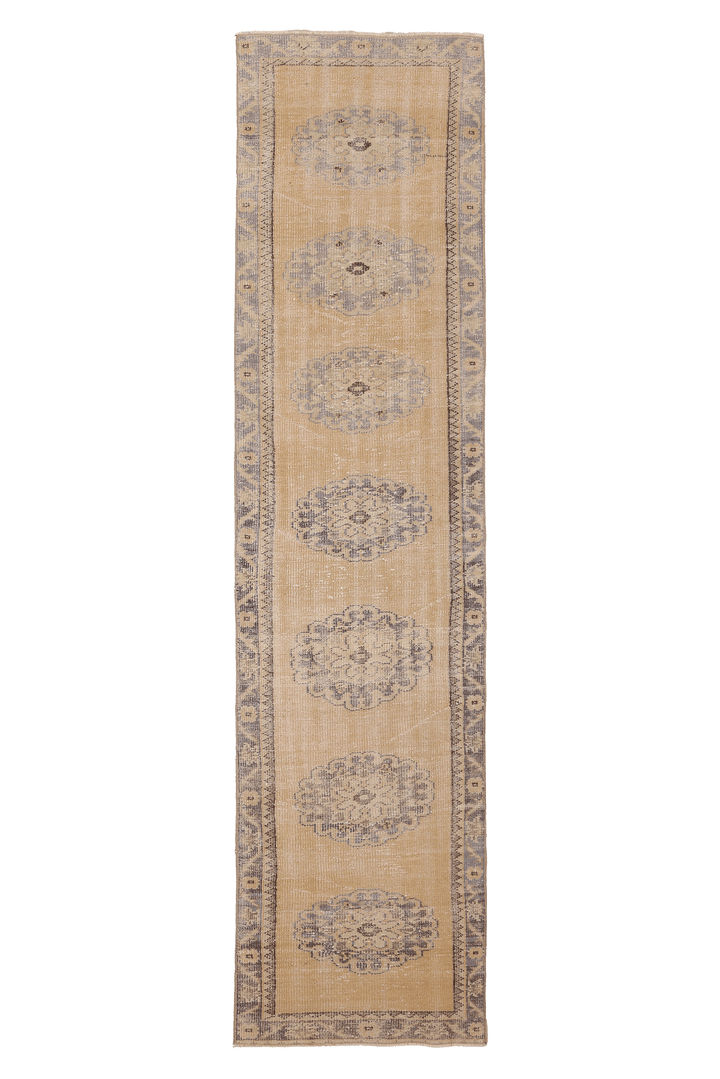 Vintage Manisa Turkish Runner Rug 2x10 ft — Beige & Blue Floral