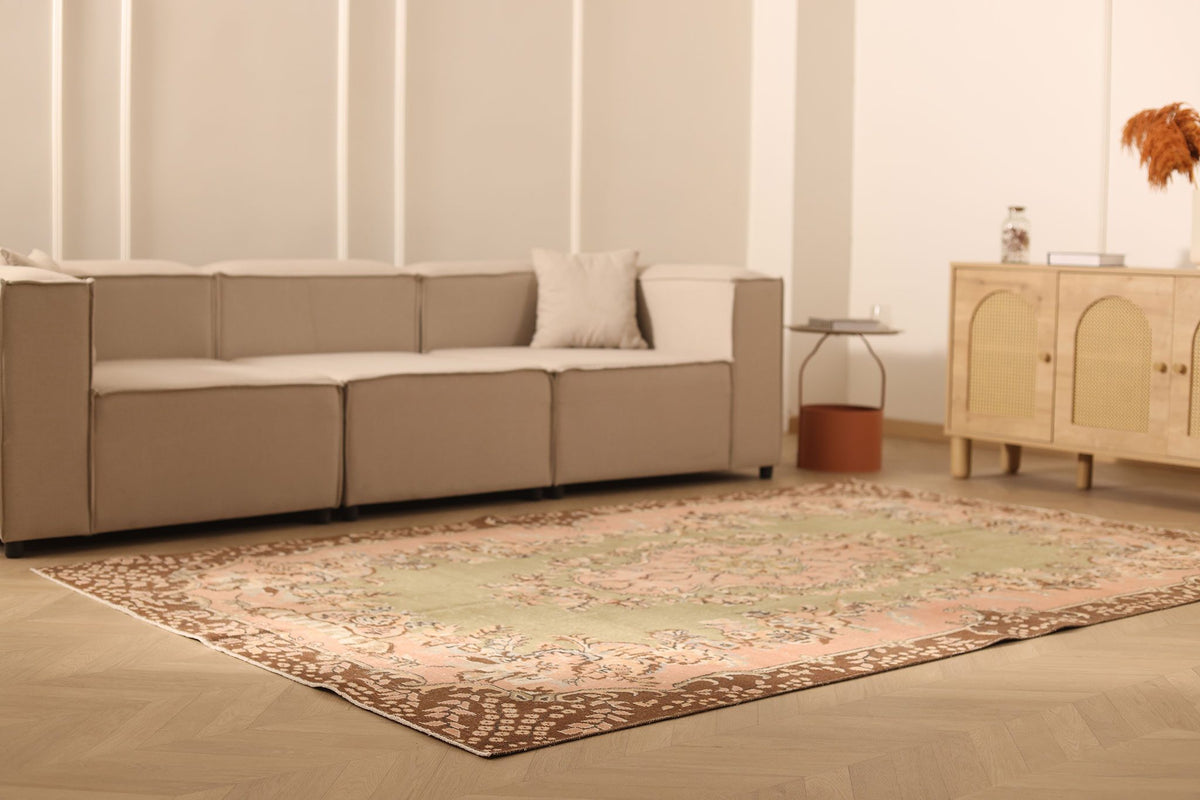 Vintage Isparta Turkish Area Rug 6x9 ft — Green & Brown Floral