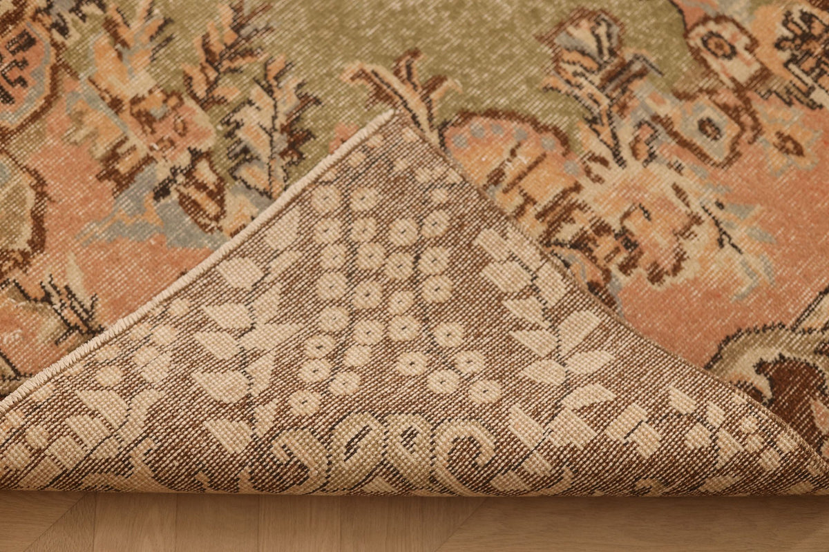 Vintage Isparta Turkish Area Rug 6x9 ft — Green & Brown Floral