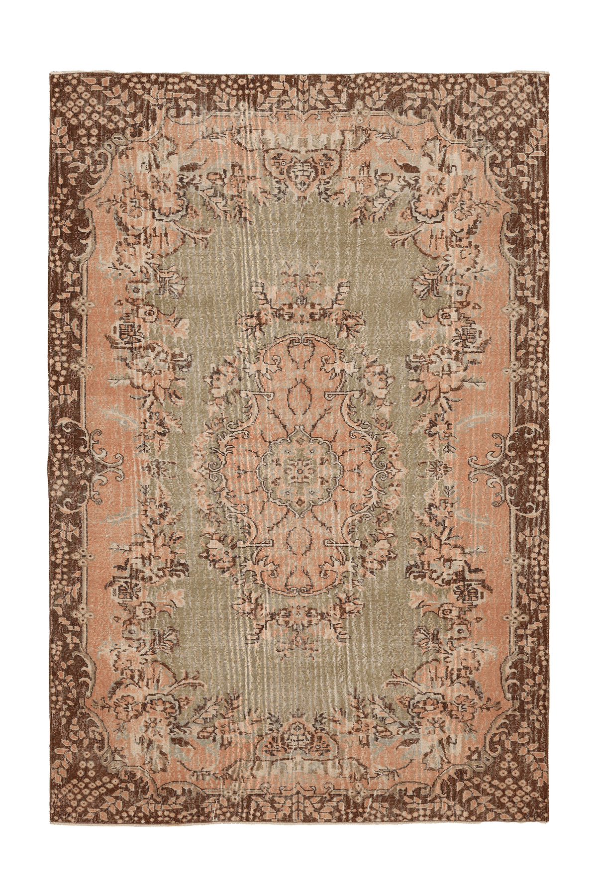Vintage Isparta Turkish Area Rug 6x9 ft — Green & Brown Floral