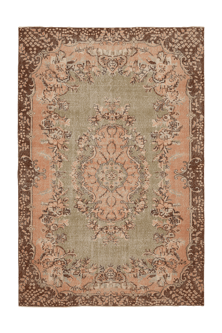 Vintage Isparta Turkish Area Rug 6x9 ft — Green & Brown Floral