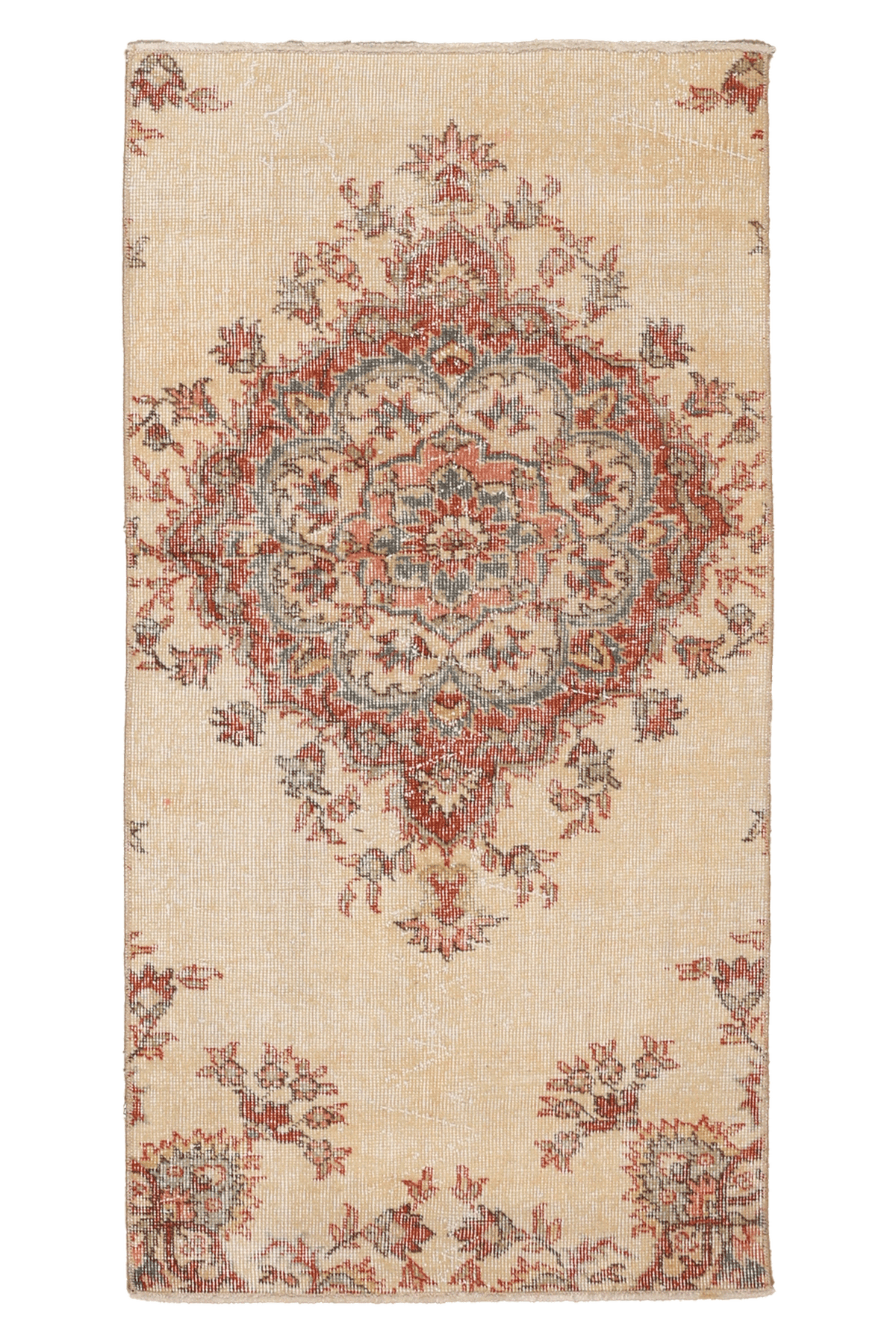 Vintage Isparta Turkish Runner Rug 2x4 ft — Beige & Red Floral